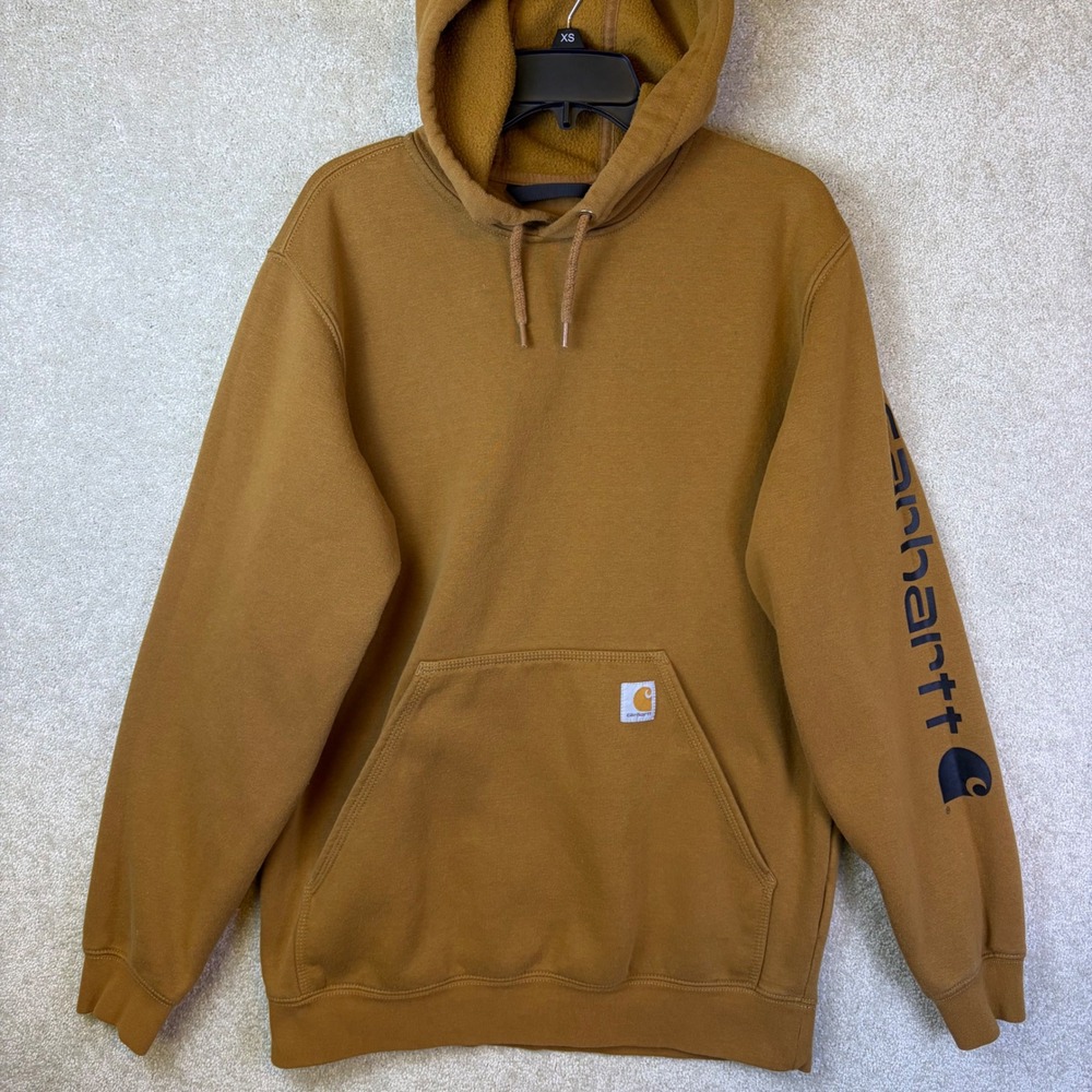 Carhartt Hoodie Mens Medium Brown K288 Loose Fit Graphic Sleeve Pullover FLAW